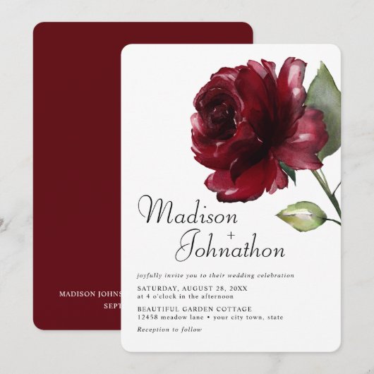 Minimale Waterverf Burgundy Dieprode Roos Bruiloft Kaart (Voorkant / Achterkant)