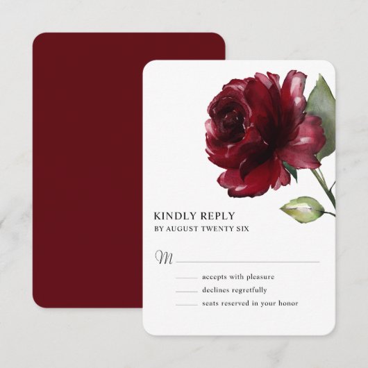 Minimale Waterverf Deep Red Burgundy Flower RSVP Kaartje (Voorkant / Achterkant)