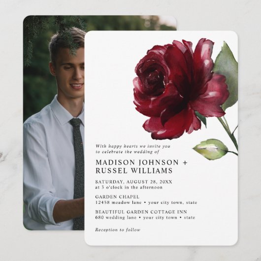 Minimale Waterverf Diepe Rode Rozenfoto Weddenscha Kaart (Voorkant / Achterkant)