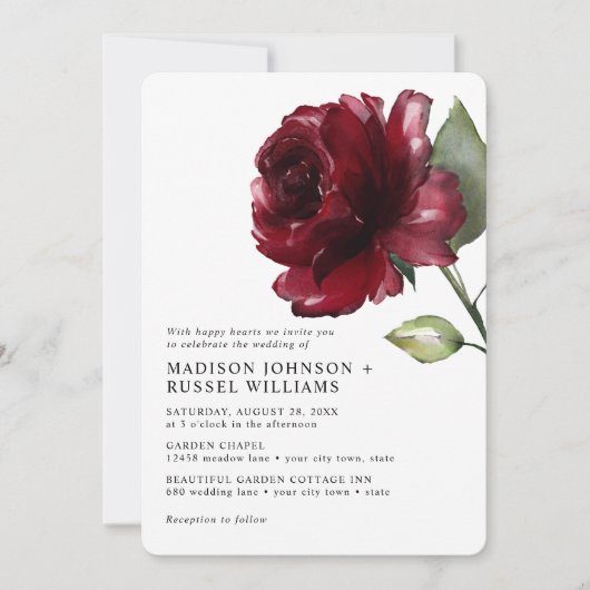 Minimale Waterverf Diepe Rode Rozenfoto Weddenscha Kaart (Voorkant)