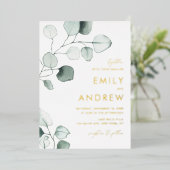 Minimale Waterverf Eucalyptus Leaves Wedding Folie Uitnodiging (Staand Voorkant)