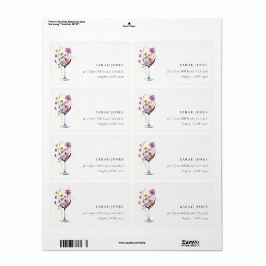 Minimale Waterverf Floral wijnglas adres Etiket (Full Sheet)
