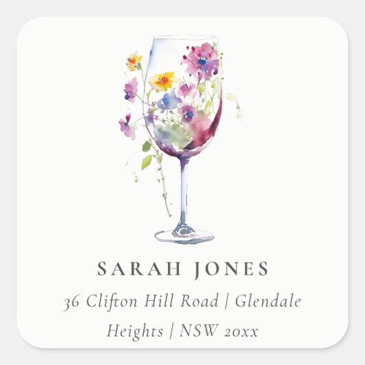 Minimale Waterverf Floral wijnglas adres Vierkante Sticker (Voorkant)