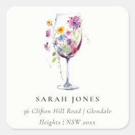 Minimale Waterverf Floral wijnglas adres Vierkante Sticker