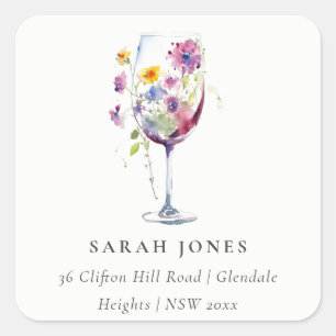 Minimale Waterverf Floral wijnglas adres Vierkante Sticker