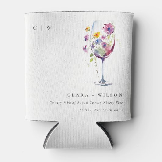 Minimale Waterverf Floral Wijnglas Wedding Blikjeskoeler (Voorkant)
