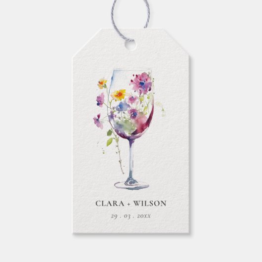 Minimale Waterverf Floral Wijnglas Wedding Cadeaulabel (Voorkant)