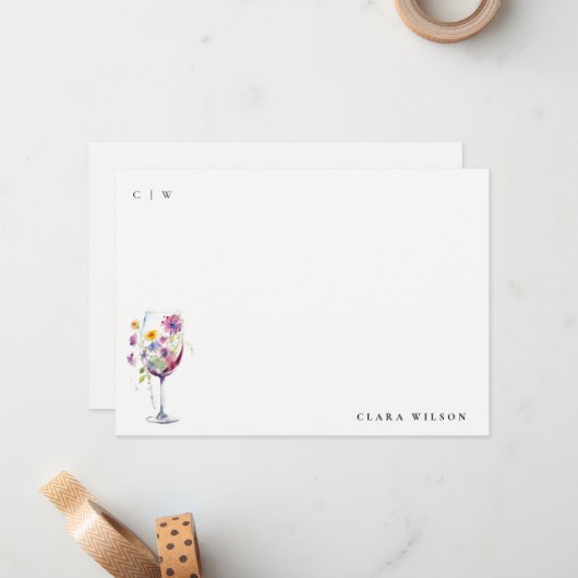 Minimale Waterverf Floral Wijnglas Wedding Notitiekaartje (Voorkant / Achterkant in situ)