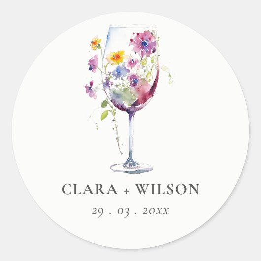 Minimale Waterverf Floral Wijnglas Wedding Ronde Sticker (Voorkant)