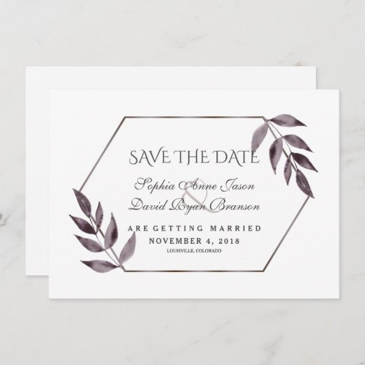 Minimale Waterverf Ink Foliage Diamond Weddenschap Save The Date (Voorkant / Achterkant)
