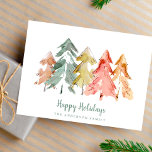 Minimale Waterverf kerstbomen Feestdagenkaart<br><div class="desc">Ik wens uw vrienden en familie prettige feestdagen met dit prachtige, minimale ontwerp, dat bestaat uit een waterverf abstract van pijnbomen in gemuteerde groen, rood, goud en sinaasappel. U kunt de groet ("Prettige feestdagen", "Vrolijk Kerstfeest, "Groeten van het seizoen, " enz.) en uw familienaam aan de voorkant, en uw terugkeeradres...</div>