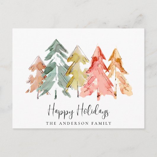 Minimale Waterverf kerstbomen Feestdagenkaart (Voorkant)