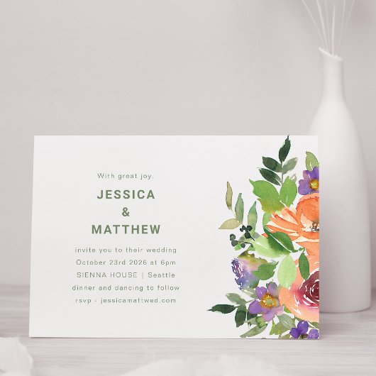 Minimale Waterverf Oranje Paarse Floral Wedding Kaart