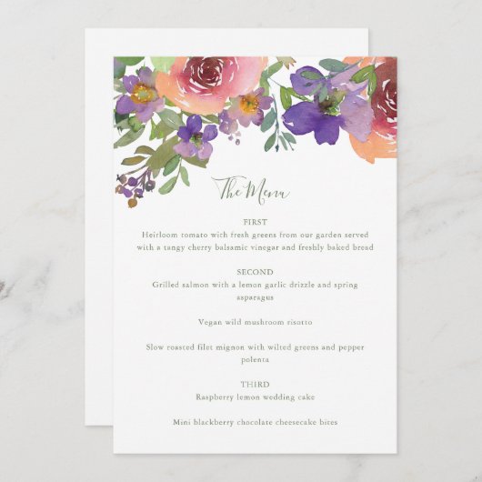 Minimale Waterverf Paars Oranje Floral Wedding Menu (Voorkant / Achterkant)