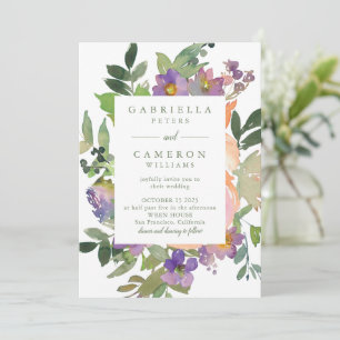 Minimale Waterverf Paarse Chic Floral Wedding Kaart