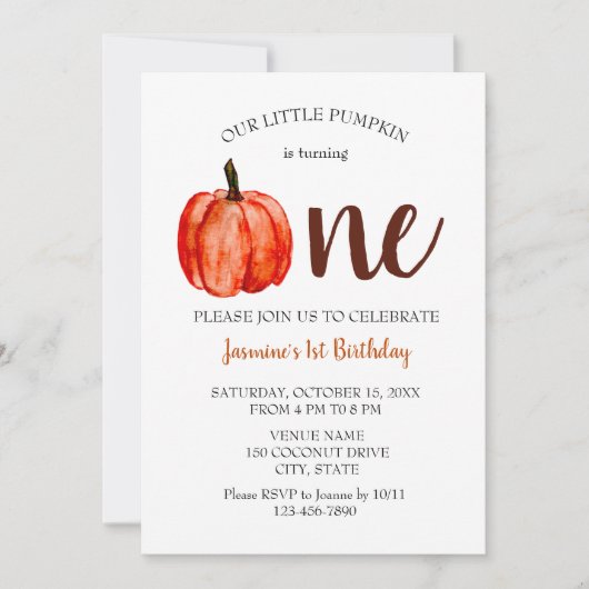 Minimale Waterverf Pumpkin First Birthday Herfst Kaart (Voorkant)