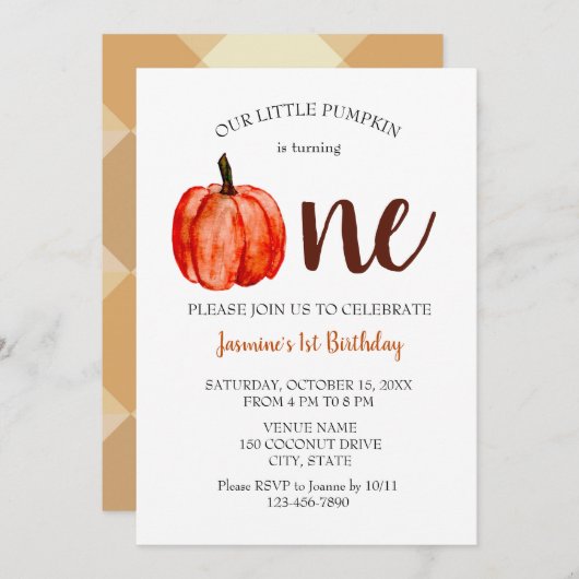 Minimale Waterverf Pumpkin First Birthday Herfst Kaart (Voorkant / Achterkant)