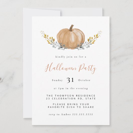 Minimale Waterverf Pumpkin Halloween Party Kaart (Voorkant)