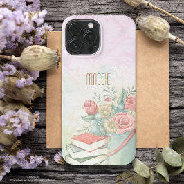 Minimale  waterverf roze bloemen monogram iPhone 13 pro max hoesje