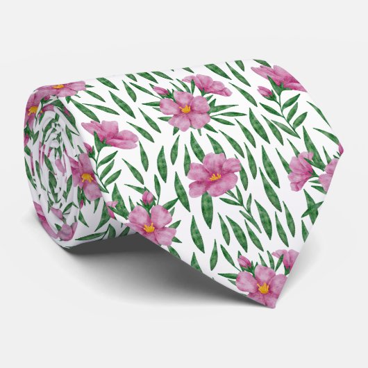 Minimale waterverf roze, groen bloempatroon stropdas (Opgerold)