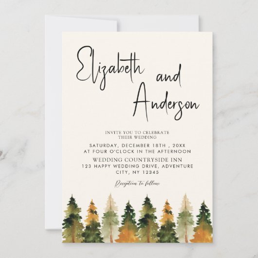 Minimale Waterverf Rustic Pine Autumn Wedding Kaart (Voorkant)