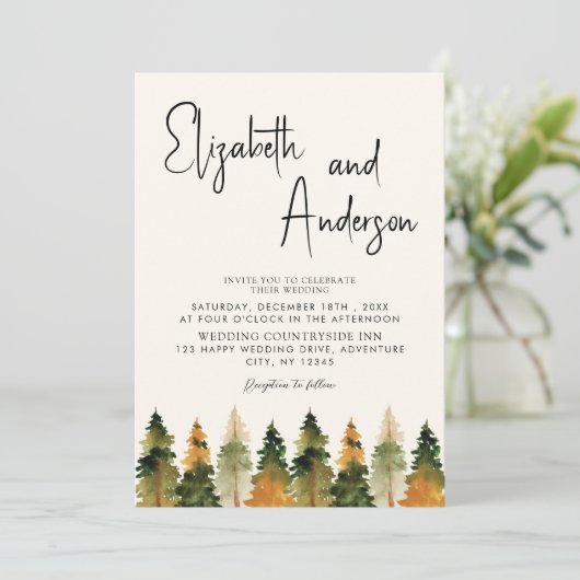 Minimale Waterverf Rustic Pine Autumn Wedding Kaart (Staand voorkant)