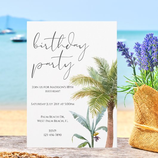 Minimale Waterverf Tropical Birthday Invitation Kaart