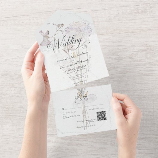 Minimale Waterverf Wilde bloem Bouquet QR-code All In One Uitnodiging (Afscheurbaar)