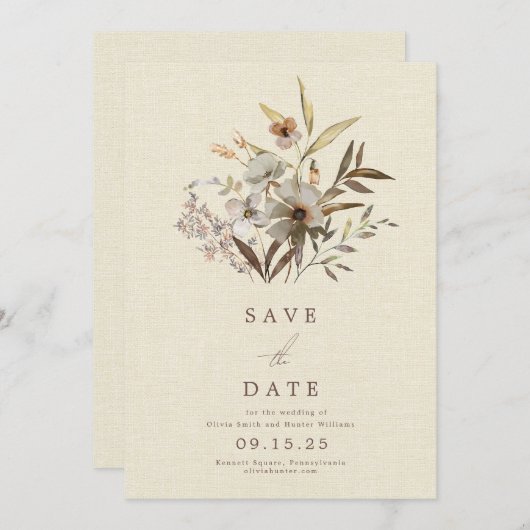 Minimale Waterverf Wildflower Faux Linen Save The Date (Voorkant / Achterkant)