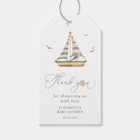Minimale Waterverf Zeilboot Nautisch Baby shower Cadeaulabel (Voorkant)