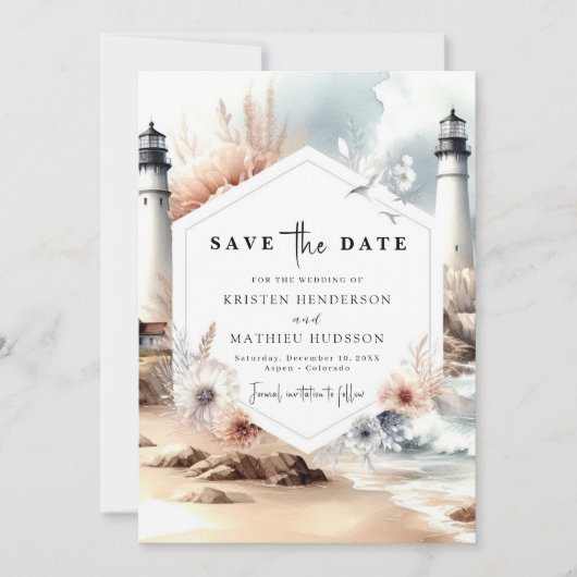 Minimale Waves Vuurtoren Trouwen Save The Date (Voorkant)