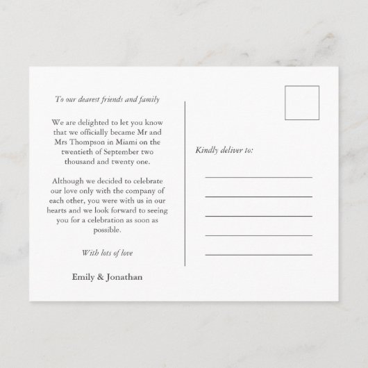 Minimale We Eloped Aankondiging Foto Zwarte tekst (Achterkant)