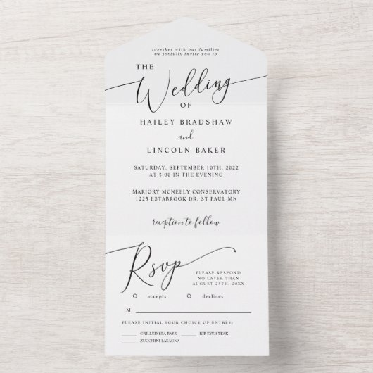 Minimale weddenschap met legant script all in one uitnodiging (Binnen)