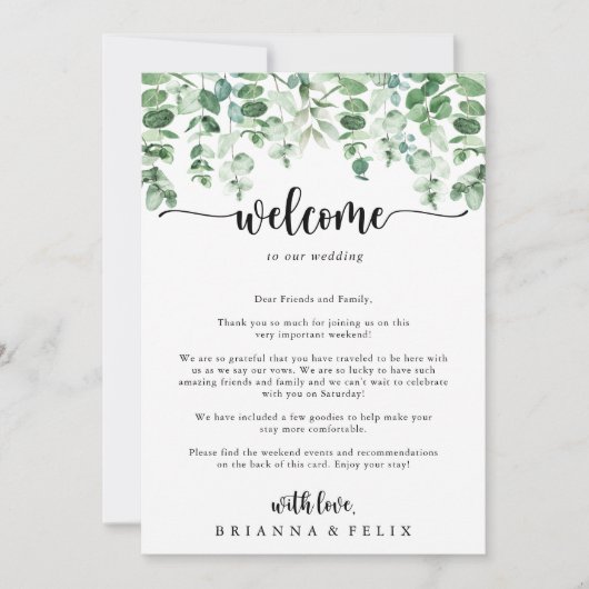 Minimale welkomstbrief over de eucalyptus bruiloft (Voorkant)