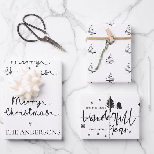 Minimale White Black Merry-kerstcadeau Inpakpapier Vel (Voorkant)