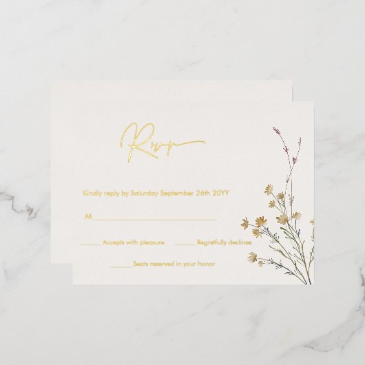 Minimale wilde bloemen Eenvoudige RSVP Real Gold Folie Uitnodiging Briefkaart (Voorkant / Achterkant)