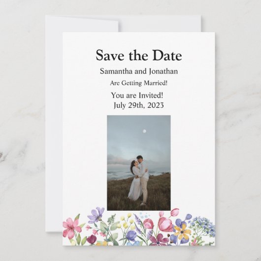 Minimale Wildflower Aangepaste foto Save the Date Kaart (Voorkant)