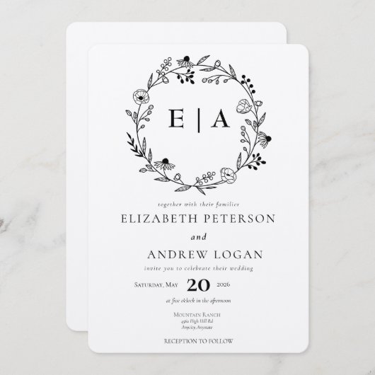 Minimale Wildflower | Krans bruiloft Kaart (Voorkant / Achterkant)