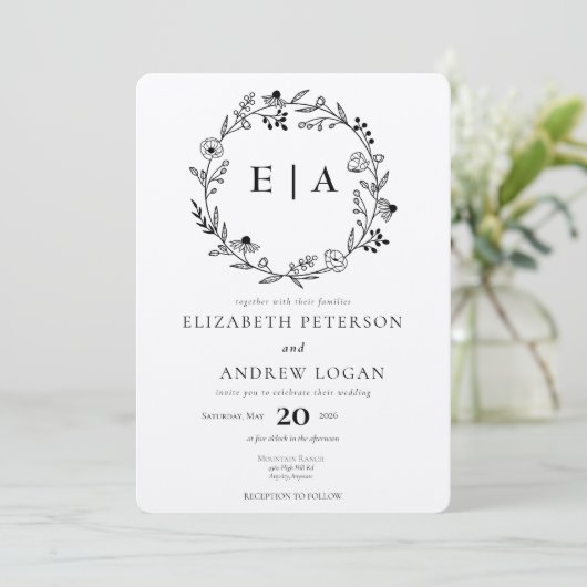 Minimale Wildflower | Krans bruiloft Kaart (Staand voorkant)