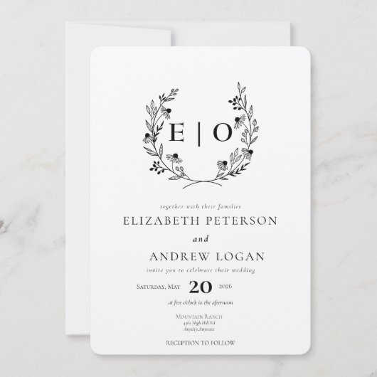 Minimale Wildflower | Krans bruiloft Kaart (Voorkant)