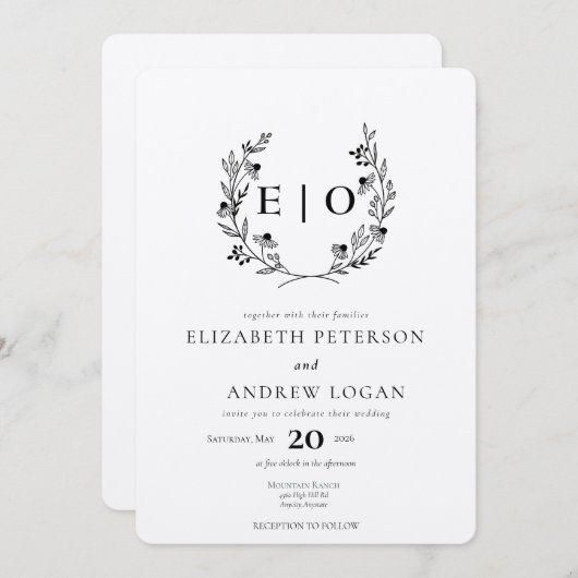 Minimale Wildflower | Krans bruiloft Kaart (Voorkant / Achterkant)