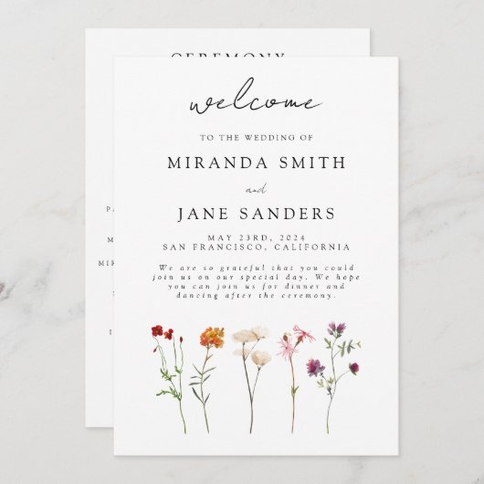 Minimale Wildflower Lesbische Pride Floral bruilof Programmakaart (Voorkant / Achterkant)