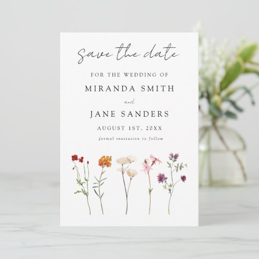 Minimale Wildflower Lesbische Pride Floral bruilof Save The Date (Staand voorkant)