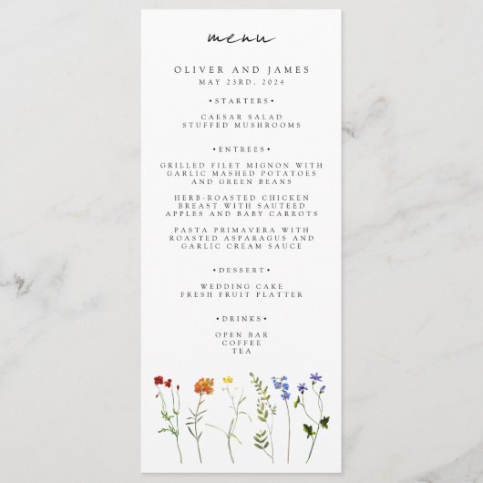 Minimale Wildflower LGBTQ Gay Pride Bloemenbruilof Menu (Voorkant)
