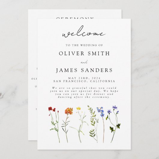 Minimale Wildflower LGBTQ Gay Pride Bloemenbruilof Programmakaart (Voorkant / Achterkant)