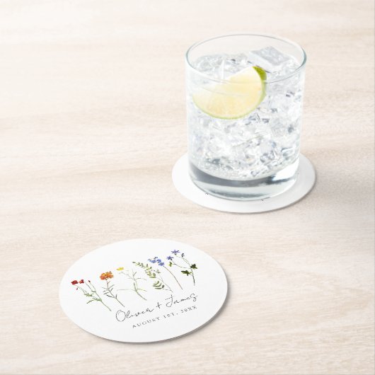 Minimale Wildflower LGBTQ Gay Pride Bloemenbruilof Ronde Kartonnen Onderzetter (Insitu)