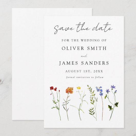 Minimale Wildflower LGBTQ Gay Pride Bloemenbruilof Save The Date (Voorkant / Achterkant)