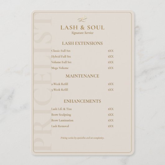 Minimale Wimpertechniek Zand Brows Artiest Prijzen Menu (Voorkant)