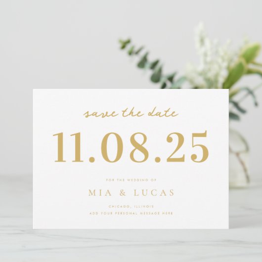 Minimale wit goud chique trouwdatum niet-foto save the date (Staand voorkant)
