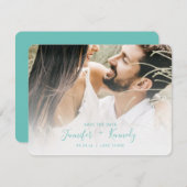 Minimale witte bekleding Aqua Script & foto Save The Date (Voorkant / Achterkant)